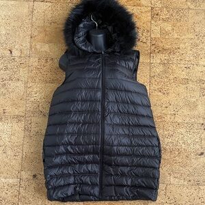 DKNY Quilted Black Vest with Faux Fur Hood